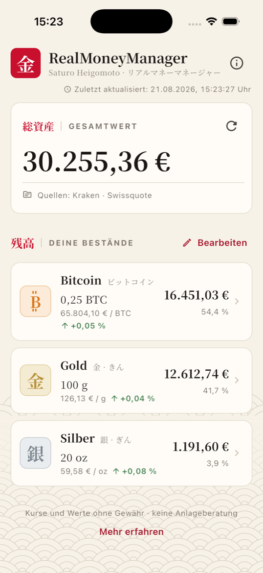 Startbildschirm mit Gesamtwert und Positionen